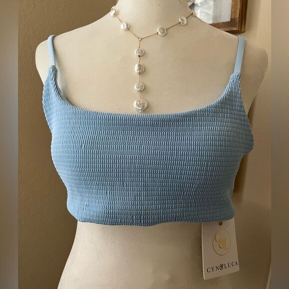Cyn & Luca Pastel Blue Textured Swim Top Gold Hooks Adjustable Straps SZ XL NWT - Picture 1 of 5